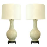 A Grand Pair of Celadon Chinese Moderne Lamps with Custom Shades