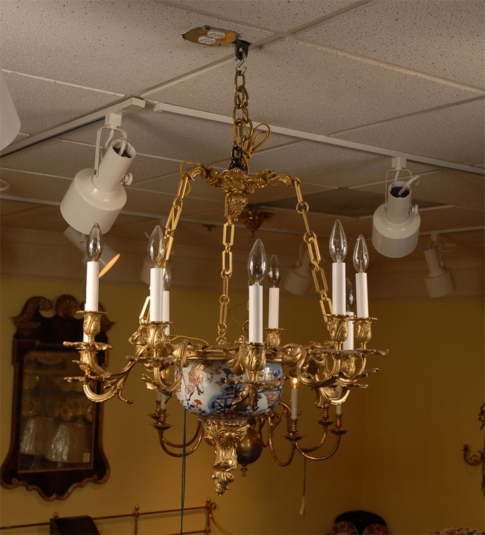 French Bronze Chandelier Mounted with Imari Porcelain, c. 1860