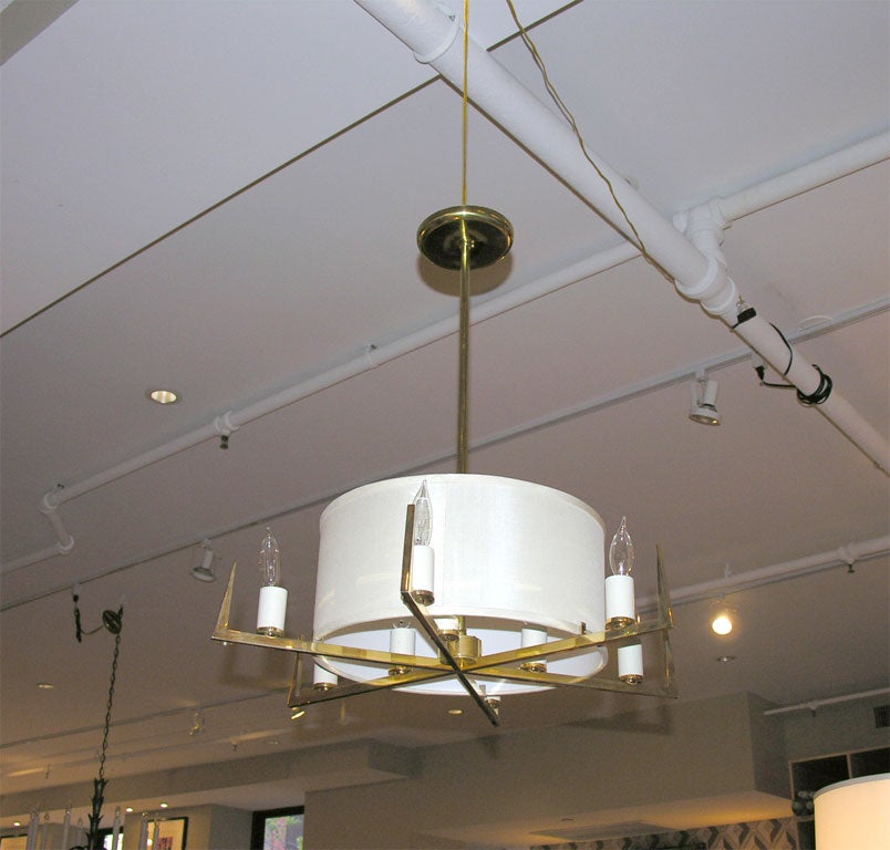 Mid-20th Century French Brass Chandelier with Silk Drum Shade