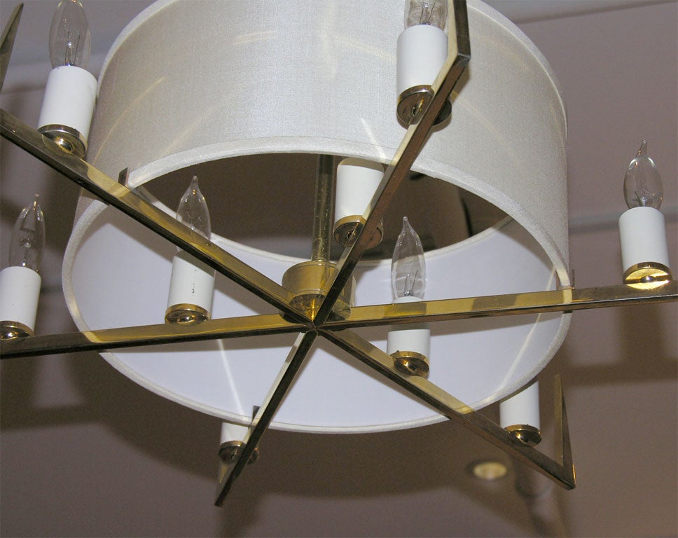 French Brass Chandelier with Silk Drum Shade 4