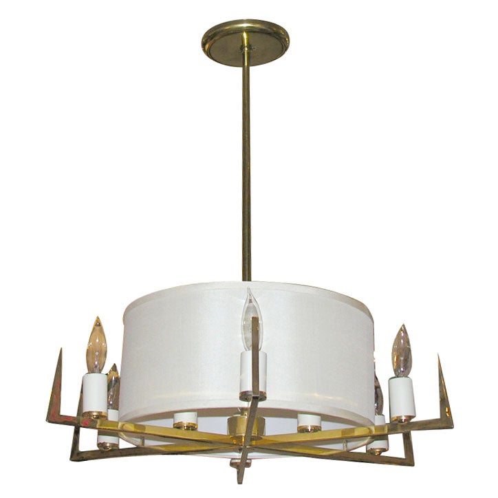 French Brass Chandelier with Silk Drum Shade