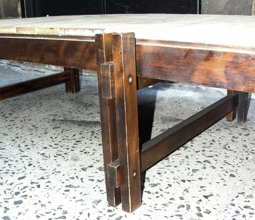 Architectural Wood and Ceramic Table, Signed R. Capron In Excellent Condition In New York, NY