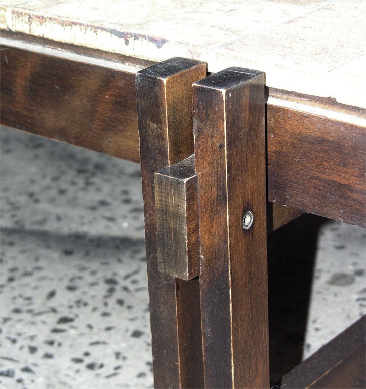 Mid-20th Century Architectural Wood and Ceramic Table, Signed R. Capron