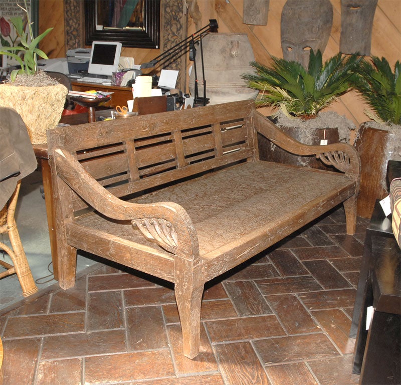 Solid natural teak bed/bench with beautifully carved arm from  single pieces of teak wood. All original and hand carved and dowelled.