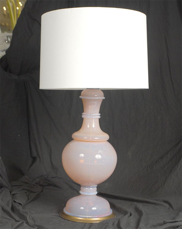 Very rare color and large scale.  Beautiful shape.  Opaque murano pink glass.  New wiring with three way switch.