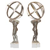 Retro Pair of English Bronze and White Marble Atlas Figures