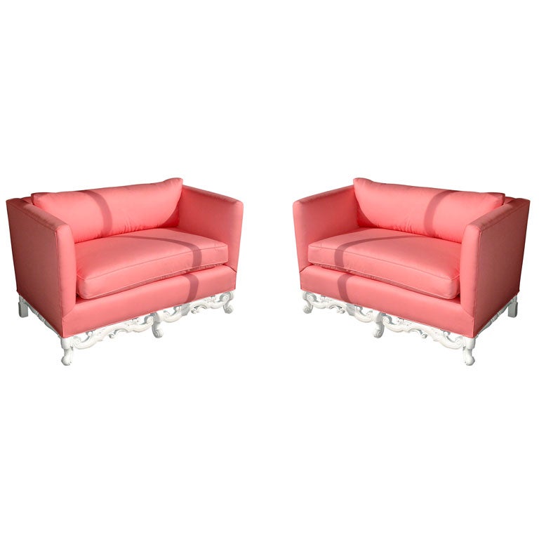 Fabulous Pair of Pink and Chalk White Loveseats