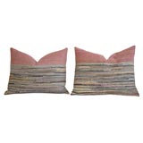 PAIR OF 1930'S RAG RUG PILLOWS WITH MULTI-COLOR BORDER