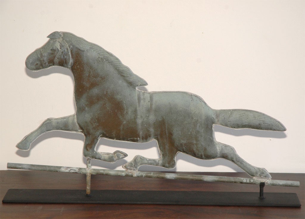 1930'S ORIGINAL SURFACE COPPER RUNNING HORSE WEATHERVANE IN GREAT VERDIGRIS PATINA/WONDERFUL FORM AND SURFACE .THIS HORSE WEATHER VANE COMES WITH A CUSTOM MADE MOUNT.
