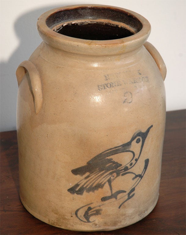 19THC ORIGINAL BLUE DECORATED CROCK WITH BIRD.SMALL RIM CHIP.GREAT CONDITION OTHER WISE.