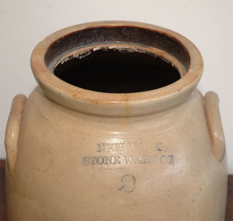 American 19THC ORIGINAL BLUE DECORATED CROCK WITH HANDLES