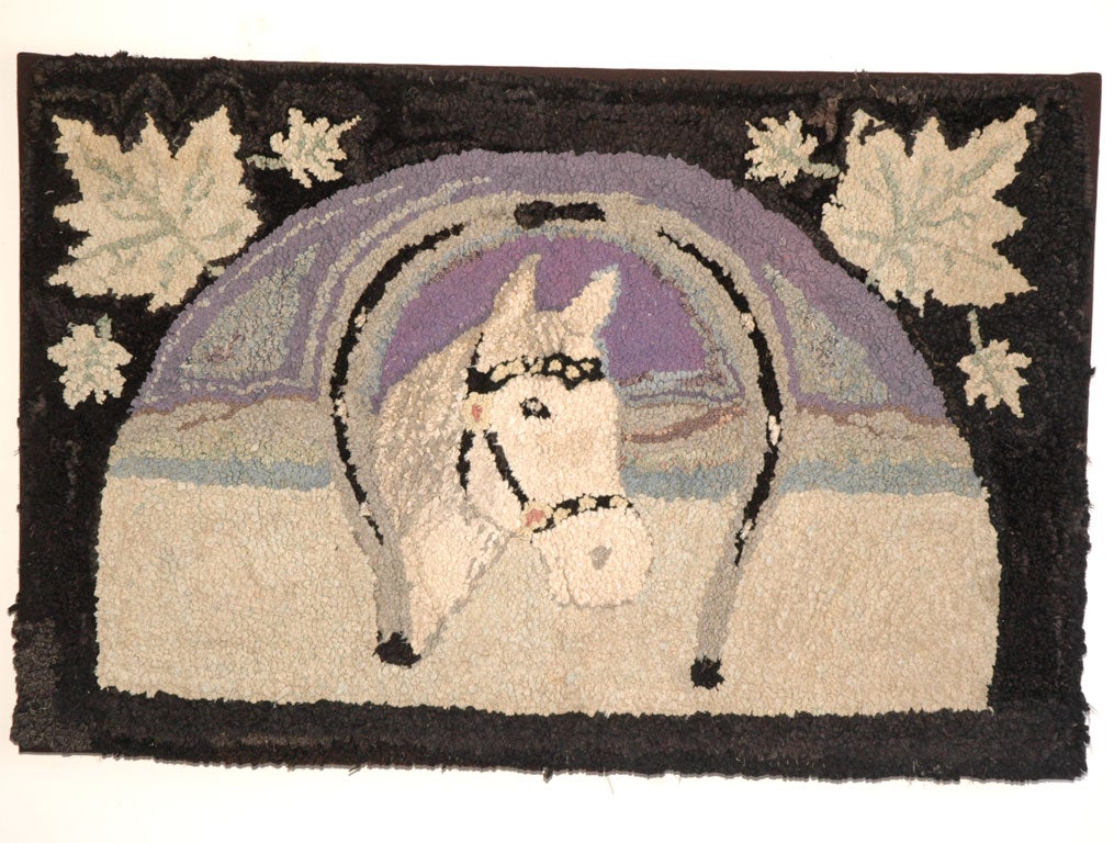 1930'S HAND HOOKED AND MOUNTED RUG PICTORIAL HORSE SHOE RUG