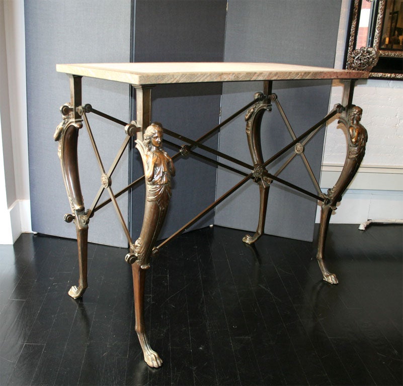 Pair of rare faced Bronze Consoles with a marble top