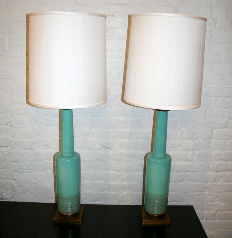 American Pair of ceramic Stiffel table lamps in a vivid turquoise blue