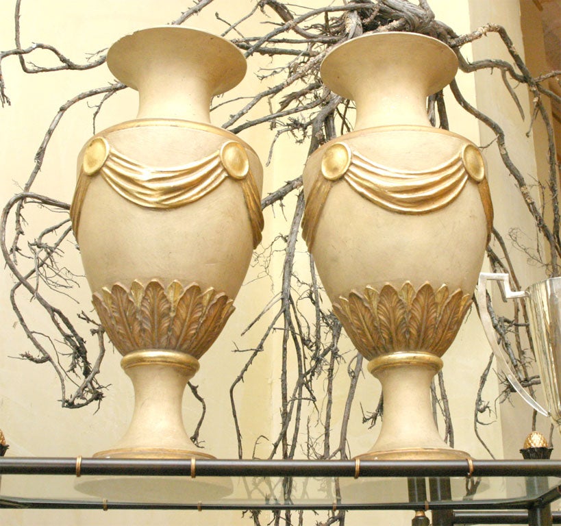 Gesso Pair Painted and Gilt  Carved Wood Urn Finials