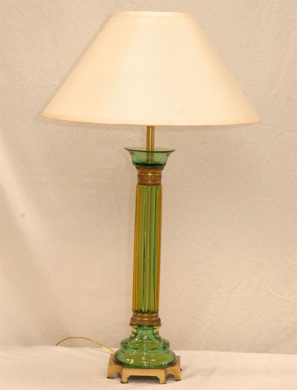 Marbro Green Glass & Brass Mounted Lamp - height given to top of shade harp (34H), Note: Shade(s) shown for display only, not included.