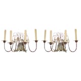 Pair Large Nickel and Crystal Sconces 1940s