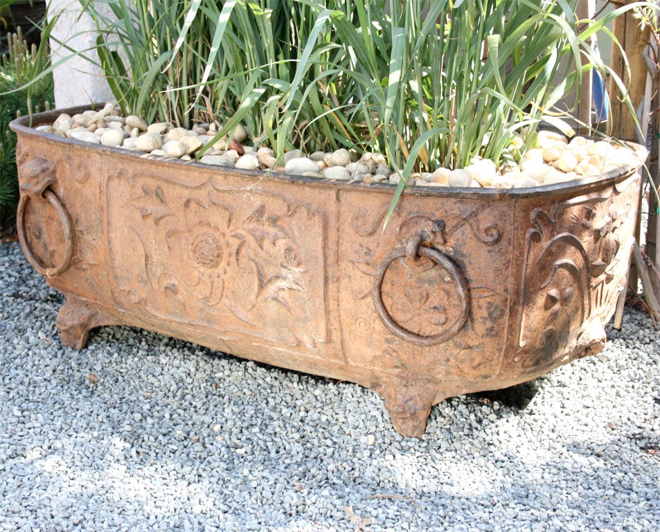 An 18th century provincial Chinese iron tub with impressive floral relief and decorative hardware used to collect rain water and kept near the home in case of a fire.<br />
<br />
Pagoda Red Collection #:  CMCL011<br />
<br />
<br />
Keywords: 
