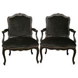 Vintage Pair of Black on Black Carved Arm Chairs
