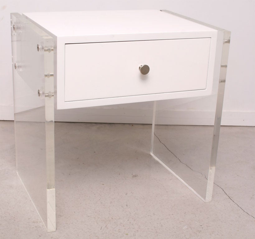 WOOD FRAME,WHITE LACQUERED.CLEAR LUCITE PANELS,CHROME ACCENTS AND GLASS TOP.