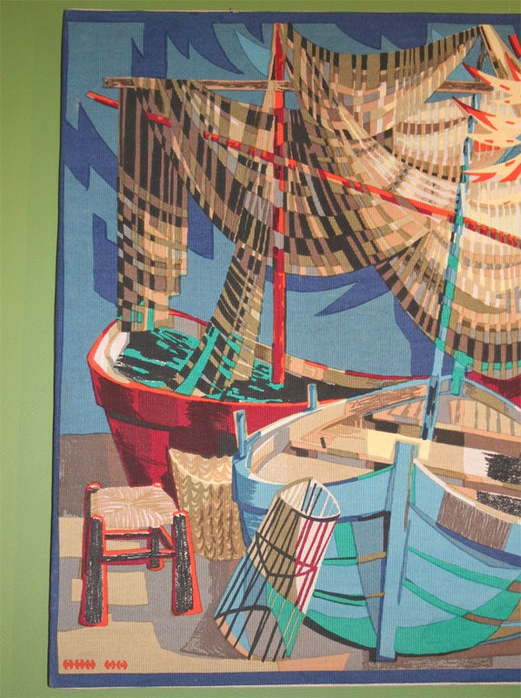 Impression sur tissu représentant une scène de quai colorée.