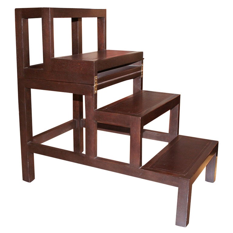 Dark Brown Mahogany Library Steps with Leather Top For Sale