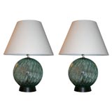 Pair of Large Light Blue Glass Orb Lamps