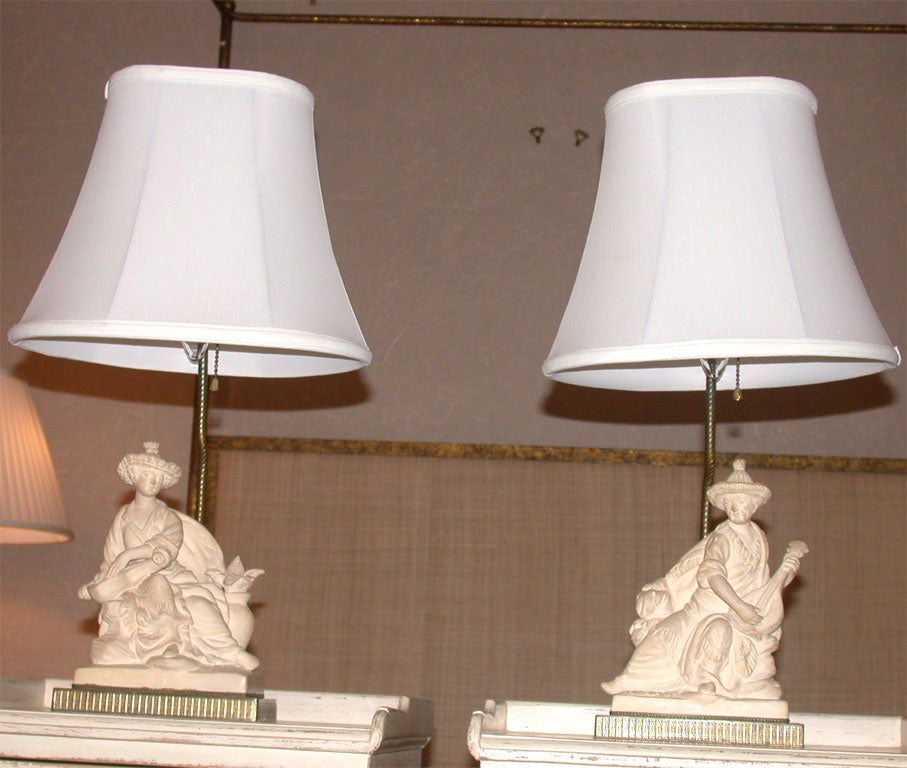 Mid-20th Century Pair of Chinese Chalkware Figural Lamps