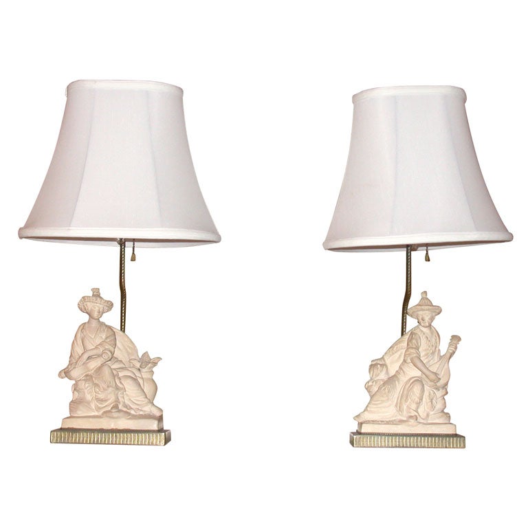 Pair of Chinese Chalkware Figural Lamps