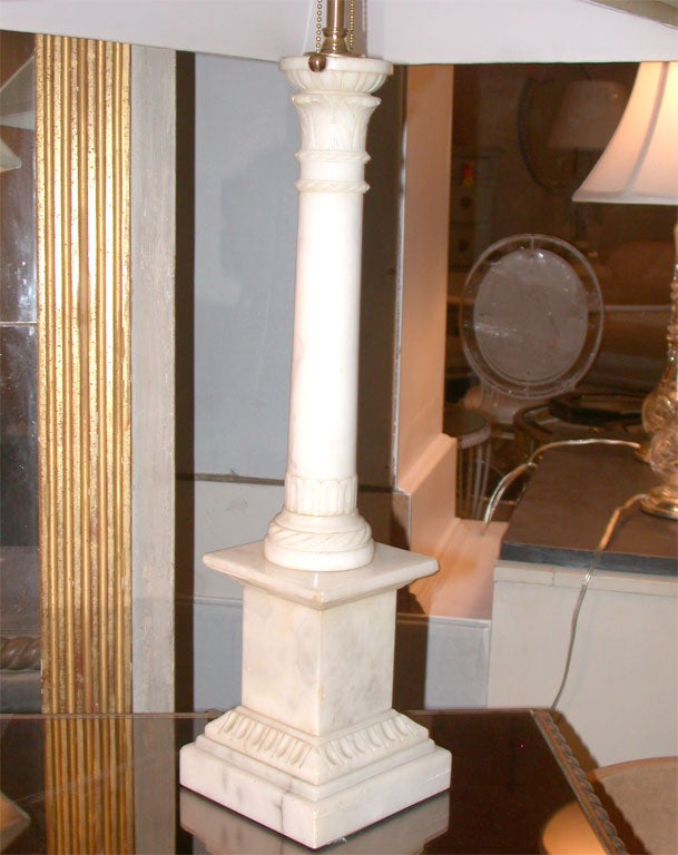 Pair of Marble Column Lamps with Custom Silk Shades In Excellent Condition For Sale In Water Mill, NY