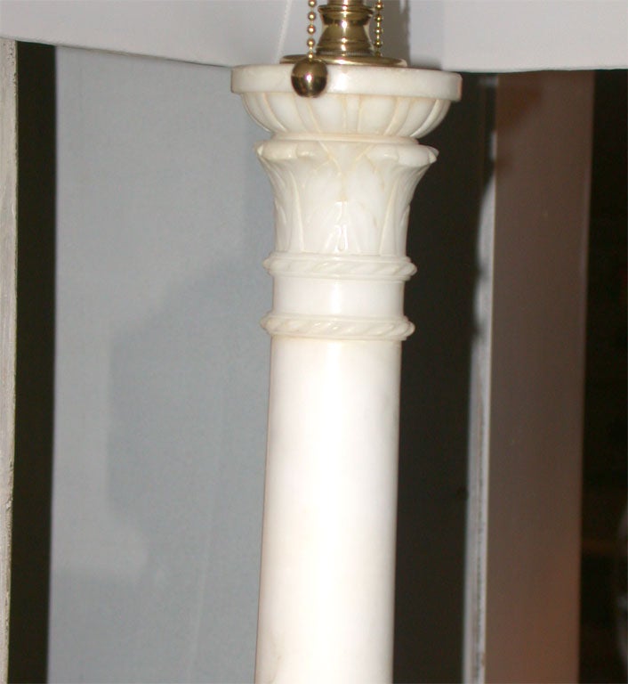 Mid-20th Century Pair of Marble Column Lamps with Custom Silk Shades For Sale