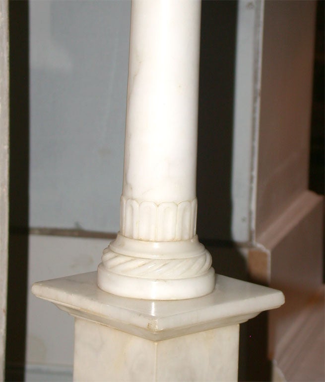 Pair of Marble Column Lamps with Custom Silk Shades For Sale 1