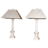 Pair of Marble Column Lamps with Custom Silk Shades