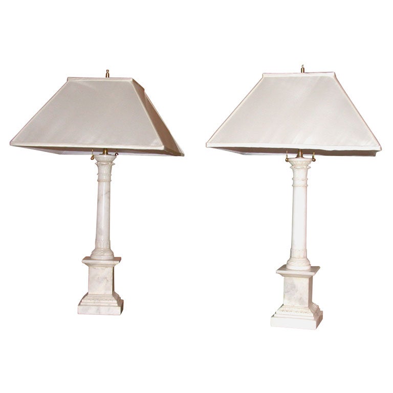 Pair of Marble Column Lamps with Custom Silk Shades For Sale