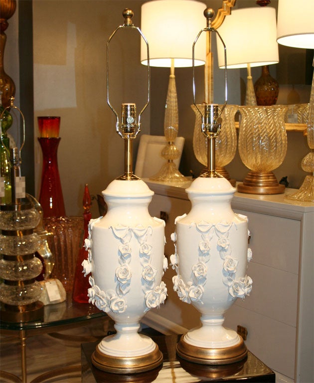 Pair of Italian Porcelain Roses & Garland Lamps on Gilded Bases
