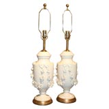 Vintage Pair of Italian Porcelain Roses & Garland Lamps on Gilded Bases