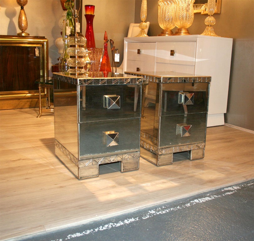 Pair of Art Deco Mirrored and Silver Leaf Nightstands