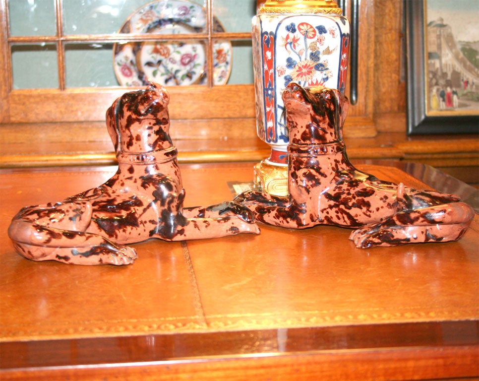 Rare Glazed Redware Recumbent Hound Inkstands