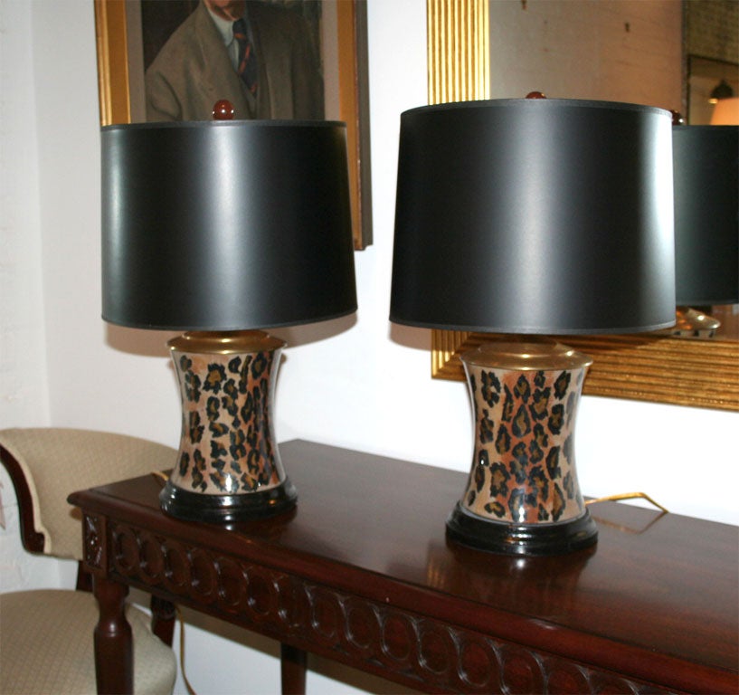 Pair of leopard print glass decoupage table lamps with custom made black paper lampshades.  Lampshade measures: 13