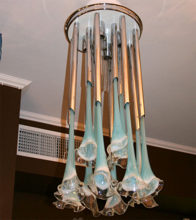 Turquoise glass and chrome light fixture.