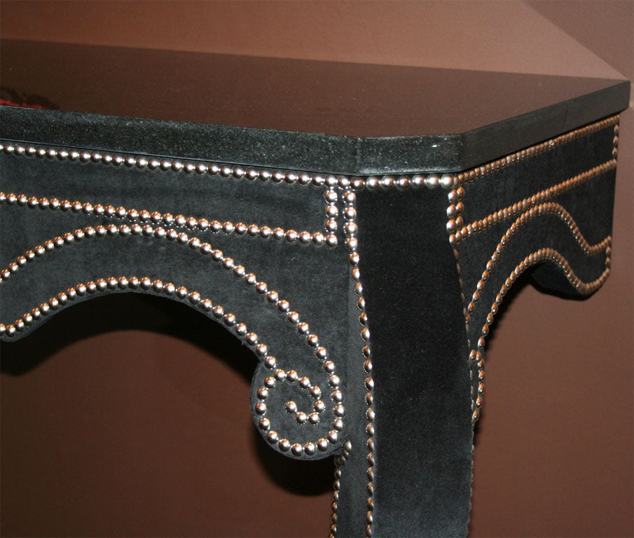 Custom Black Velvet Console with Nickel Nailhead Detailing In Excellent Condition In New York, NY