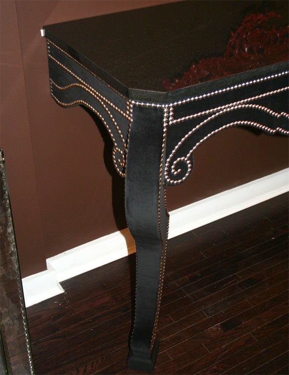 Custom Black Velvet Console with Nickel Nailhead Detailing 5