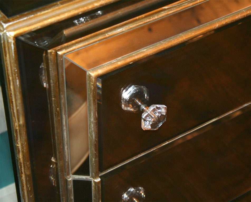 Custom Smoked Mirrored Dresser With Gold Leaf Wood Trim In Excellent Condition In New York, NY