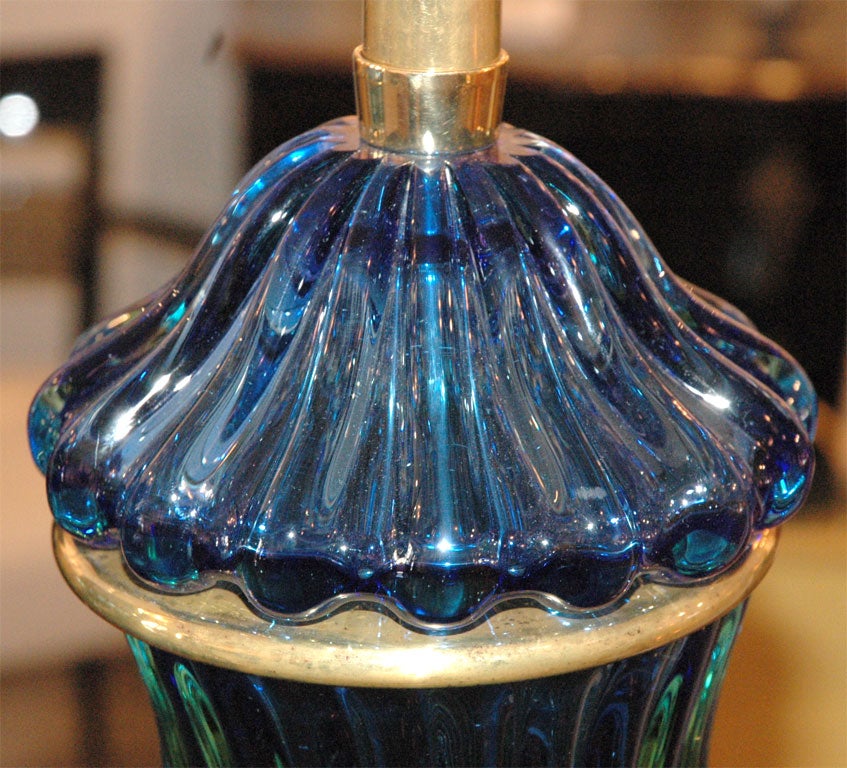 20th Century Pair of Barovier & Toso blue glass table lamps by Marbro