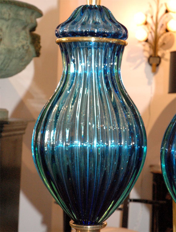 Pair of Barovier & Toso blue glass table lamps by Marbro 3