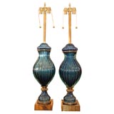 Vintage Pair of Barovier & Toso blue glass table lamps by Marbro