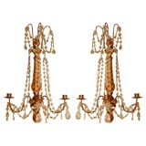 Pair Louis XVI Style Giltwood & Crystal 3-Light Bras de Lumiere