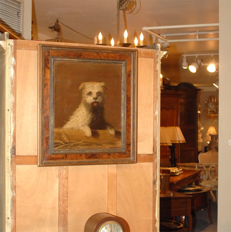 The darling pooch with white fur, soulful eyes, ears down and tongue peeking out; within a parcel ebonized and burlwood veneered molded frame.