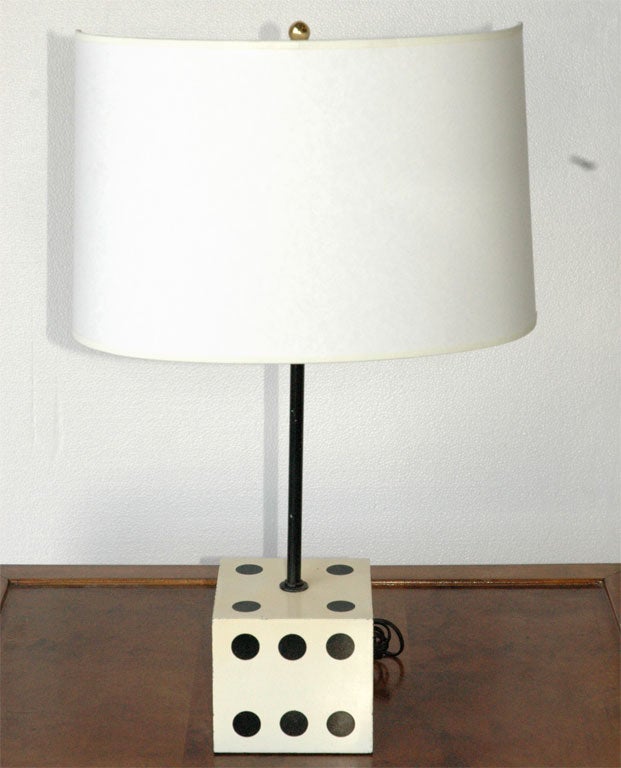 Pair of enameled black & white dice lamps.  Shades not included.  Original wiring in good condition.