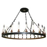 Pair of Large Round Bronze Chandeliers